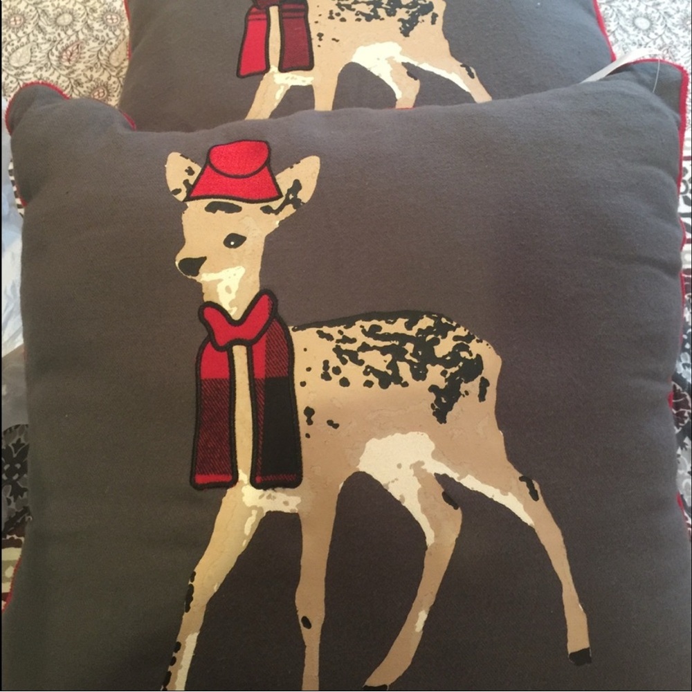 Festive Deer Throw Pillow - Gray and Red Christmas Holiday throw pillows decor